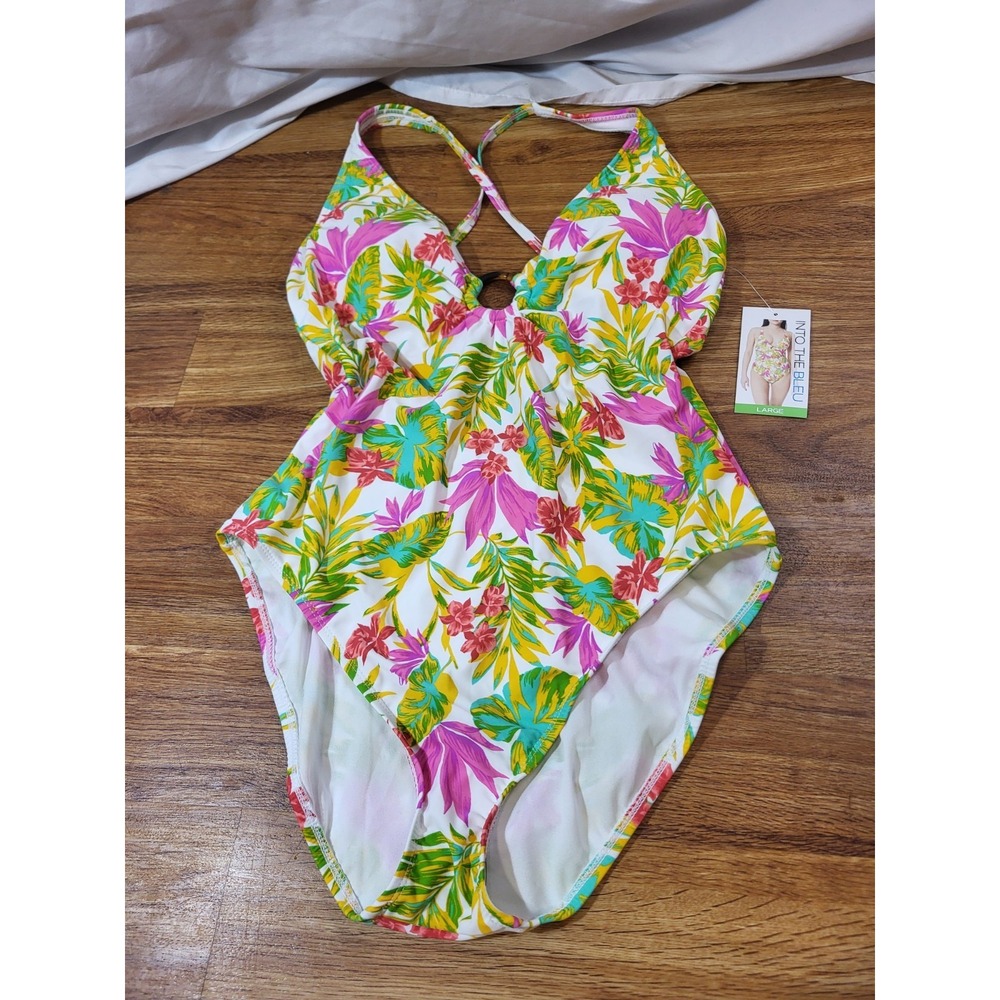 NWT Into The Bleu Size Large Floral 1 Piece Bathingsuit